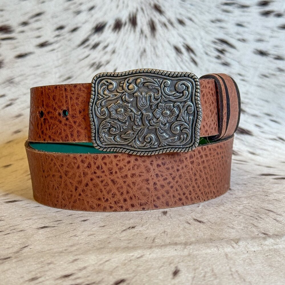NEW Women's Brown Textured 100% Leather Western Belt Floral Buckle (Medium)